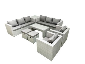 Fimous Outdoor Garden Furniture Rattan Sofa Set with 2 Armchairs Oblong Coffee Table 2 Small Footstools Side Table Light Grey Mixed