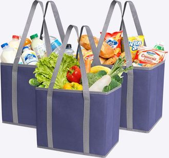 Generic Reusable Grocery Tote Bags, 3-Pack Heavy Duty Reusable Shopping Bags with Long Handles, Large Box Shape Tote Bags to Stand Up, Stay Open, Fold Flat (B
