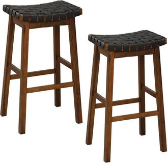 Costway Set of 2 Woven Saddle Stools Faux PU Leather Counter Height Stools 78cm Barstool