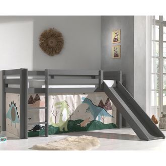 M&S Collection Cama De Media Altura 90x200 Con Tobog&aacute;n, Somier Y Funda Dino Vipack Pino Gris