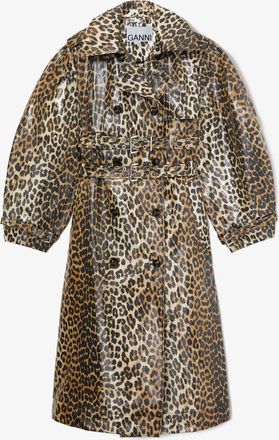 Ganni Brown Leopard Laminated Cotton Trench Coat