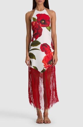 Alice & Olivia Mallory Fringe Halter Linen Blend Maxi Dress in Summer Poppy at Nordstrom, Size 10