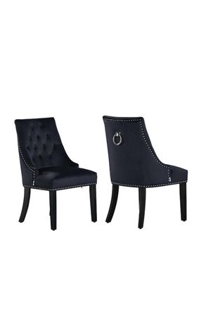 Life Interiors Set of 2 Windsor Knocker Back Velvet Dining Chairs Solid Wood Legs in Black