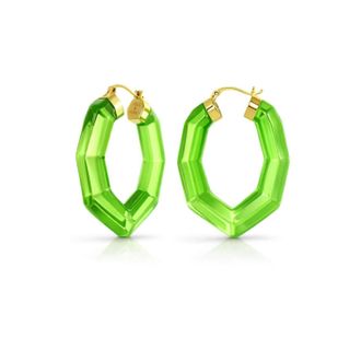 Gold & Honey Pear Gem Lucite Hoop Earrings In Green