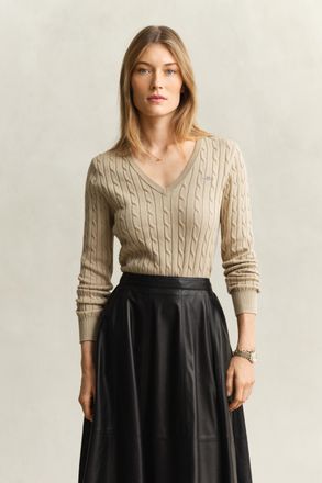 GANT Women Cable Knit V-Neck Sweater (XXL) OAT BEIGE