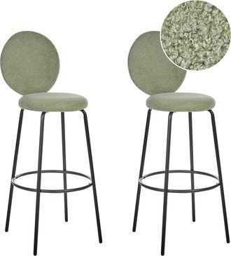 Beliani Conjunto De 2 Sillas De Bar De Boucl&eacute; Patas De Acero Negro Respaldo Redondo Patas De Tapas Comedor Verde Claro Emery
