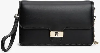 Tommy Hilfiger Womens Monogram Clasp Pebbled Flap Clutch - Black