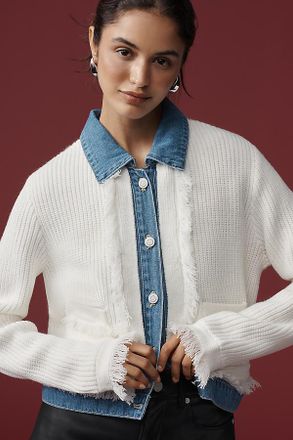 NVLT Denim-Collared Cardigan Sweater