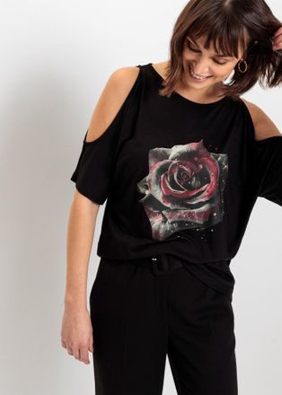 Bonprix T-Shirt BONPRIX Cold-Shoulder-Shirt aus Viskose, Damen, Gr. 56/58 (XXXL), schwarz (schwarz, grau floral), Obermaterial: 100% Viskose, l&auml;ssig geschnitt