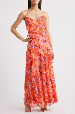 Eliza J Floral Ruffle Fil Coupé Maxi Dress in Rdm at Nordstrom, Size 12