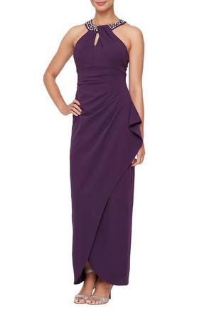 S.L. Fashions Crystal Embellished Halter Neck Sleeveless Tulip Maxi Dress in Spl at Nordstrom, Size 12
