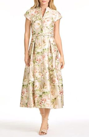 Sachin & Babi Martine Floral Mikado Belted Cocktail Midi Dress in Pewter Camellia at Nordstrom, Size 10