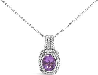 House of Brilliance 925 Sterling Silver 9x7mm Oval Purple Amethyst and Round Diamond Accent Fashion Drop Pendant 18 Inch Necklace