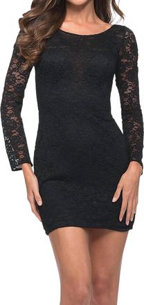 La Femme Lace Long Sleeve Mini Cocktail Dress In Black