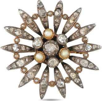 Luxury Bazaar Antique 14K Yellow Gold and Silver Diamond and Pearl Brooch MF28-080326