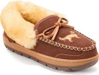 Dearfoams Fireside Gladstone Genuine Shearling Moccasin with Stitching in Potting Soil at Nordstrom, Size 10