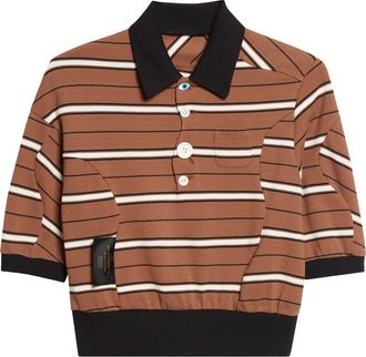 Undercover Stripe Crop Cotton Piqu&eacute; Polo in Brown Border at Nordstrom, Size 3