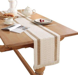 OEM Camino De Mesa De Lino, Lino De Algod&oacute;n, Estilo Bohemio, Suave, Con Borlas, Lavable, Estilo R&uacute;stico, Color Blanco Y Caf&eacute;. 30220
