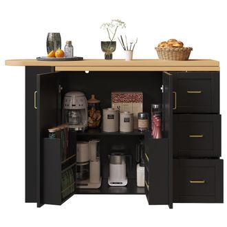 STILVORA Carro De Cocina Extensible Con 2 Puertas 3 Cajones Cesta Lateral Y 5 Ruedas Para Cocina En Mdf Negro