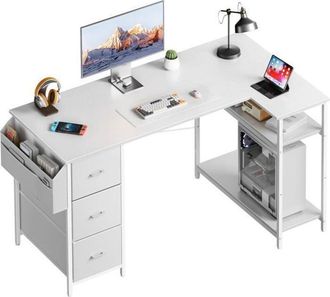 OEM Hlonone Escritorio Esquinero, 140 X 78 Cm Mesa Gaming, Escritorio En L Con 3 Cajones, Mesa Ordenador Con Bolsa De Almacenaje, Blanco