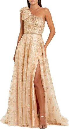 Mac Duggal Embellished Bow One Shoulder A Line Gown in Champagne at Nordstrom, Size 14