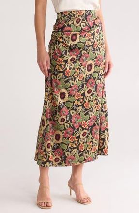 Melloday Floral Satin Ruched Midi Skirt in Black Multi at Nordstrom Rack, Size X-Small