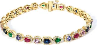 House of Brilliance 14K Yellow Gold Multi-Gemstone and Diamond Halo Rainbow Tennis Bracelet at Nordstrom
