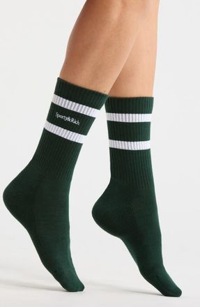 Sporty & Rich Stripe Serif Logo Embroidered Crew Socks in Forest/white at Nordstrom