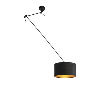 QAZQA Moderno L&aacute;mpara Colgante Negra Con Pantalla De Terciopelo Negro Con Dorado 35 Cm - Blitz Textil /acero Cil&iacute;ndra /alargada /redonda Adecuado Para Led M