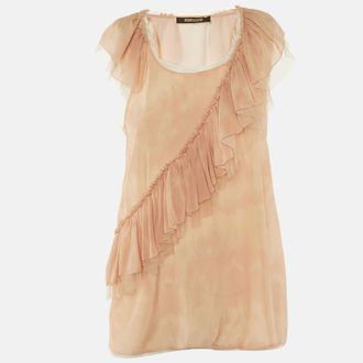 Roberto Cavalli Beige Tie Dye Silk Frill Detail Top