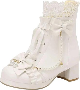 Generic Womens Platform Ankle Boots Round Toe High Block Heel With Zipper Lace And Pearl Butterfly-Knot Accent Stylish Shoes