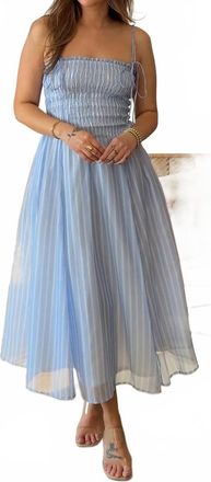 Astr Harmoni Smocked Midi Dress In Blue Stripe
