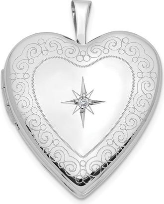 Diamond2Deal 14K White Gold Diamond Star with Side Swirl Edge 20mm Heart Locket