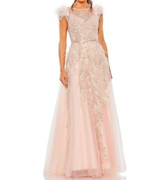 Mac Duggal Cap Sleeve Feather Dress In Blush