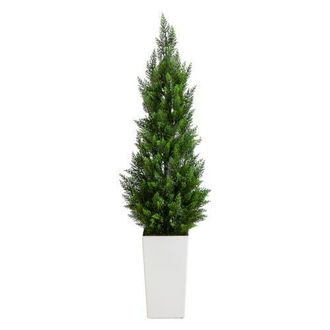 Nearly Natural 4-ft UV Resistant Artificial Cedar Tree in White Tower Planter in Green at Nordstrom