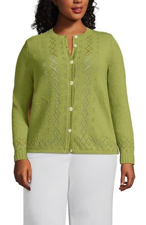 Lands End Pointelle Crew Neck Cardigan Sweater in Bright Pistachio at Nordstrom, Size 2X