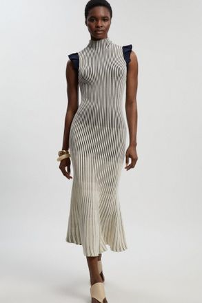 Karen Millen Womens Pointelle Frill Sleeve Knit Midi Dress - Navy polyamide - Size X-Small