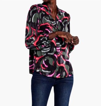 Nic+Zoe Nadalia Neon Doodle Live In Shirt In Black, Olive, Pinks