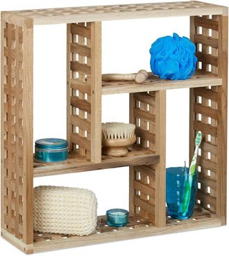 Relaxdays Relaxdays Wall Bath Shelves, Walnut, 5 Compartments, for Bathroom Hallway Living Room, HxWxD: 50 x 50 x 15 cm, Natural