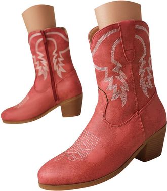 Generic Cowboy Boots for Women Wide Calf Knee High Boots Women Western Cowboy Booties Mid Calf Embroidered Cowgirl Shoes Wide Fit Womens Boot Width Embroidere