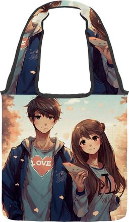 Generic Boy Girl Love Reversible Canvas Shoulder Tote - Double-Sided Print, 12oz Cotton, 27cm Drop, Fold-Flat Bag for Travel, Shopping, Street Outings