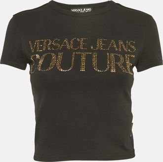 Versace Jeans Couture Black Logo Studded Cotton Knit Crop T-Shirt