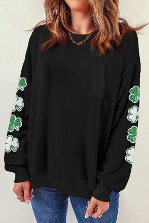 Azura Exchange Womens Sequin Shamrock Sleeve Sweatshirt - Black Cotton - Size Medium