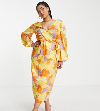 Asos Curve ASOS DESIGN Curve wrap midi dress in oversized floral-Multi