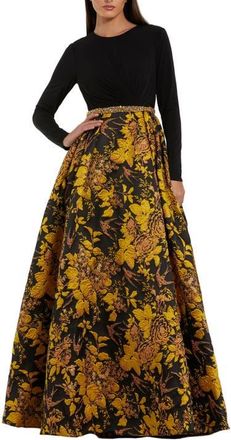 Mac Duggal High Neck Long Sleeve Jersey And Brocade Ballgown in Black Gold at Nordstrom, Size 12