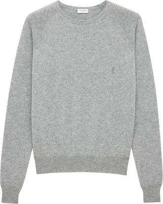 Saint Laurent Kasjmier Crew Neck Sweater met Logo - Heren - Cashmere truien - Grijs - XL - Kasjmier - Truien & Vesten