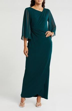 Connected Chiffon Cape Sleeve Side Ruched Gown in Hunter at Nordstrom Rack, Size 10