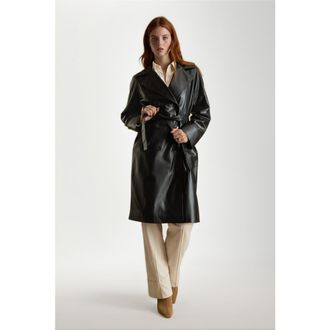 FURNIQ Sloane Leather Trench Coat in Black at Nordstrom, Size Xx-Large