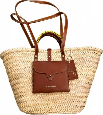 CRAIE STUDIO Womens Hand-Braided Palm Basket Bag In Tan Lime