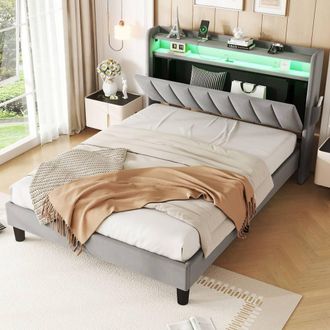 Merax Double Upholstered Bed with Storage Headboard, LED & Charging Ports in Grey